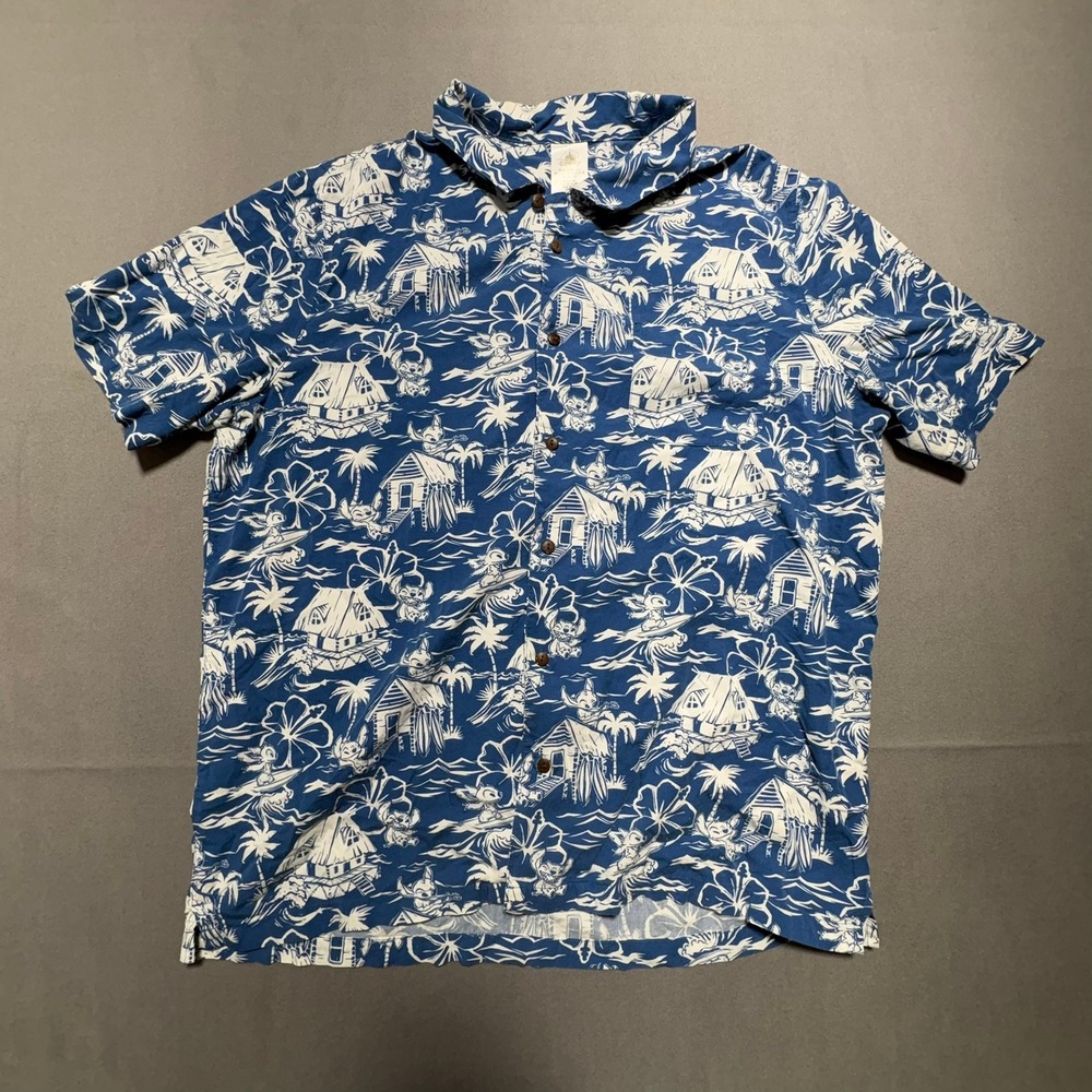 Disney Lilo & Stitch Blue Tropical Aloha Shirt Mens Large Surfing Button Down